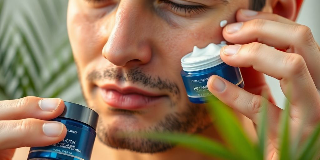 Man applying anti-aging cream for flawless complexion.