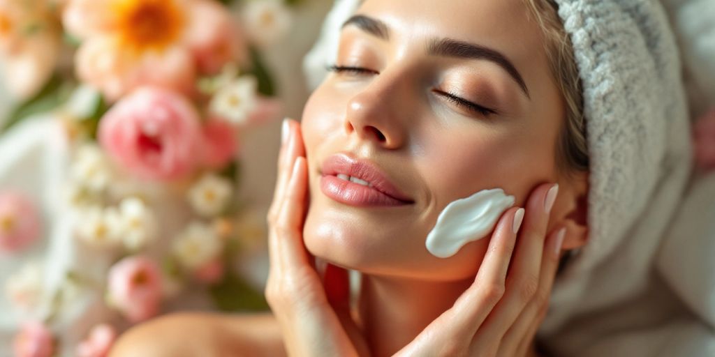 Mature woman applying face cream in a natural setting.