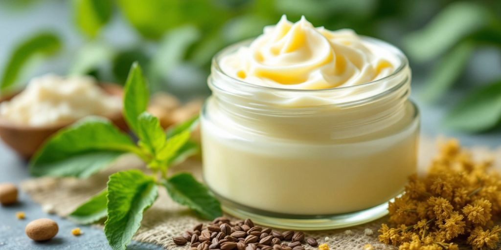 Creamy tallow cream jar with natural ingredients and leaves.