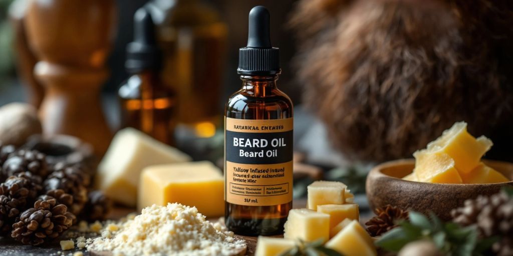 Bottle of tallow-infused beard oil with natural ingredients.