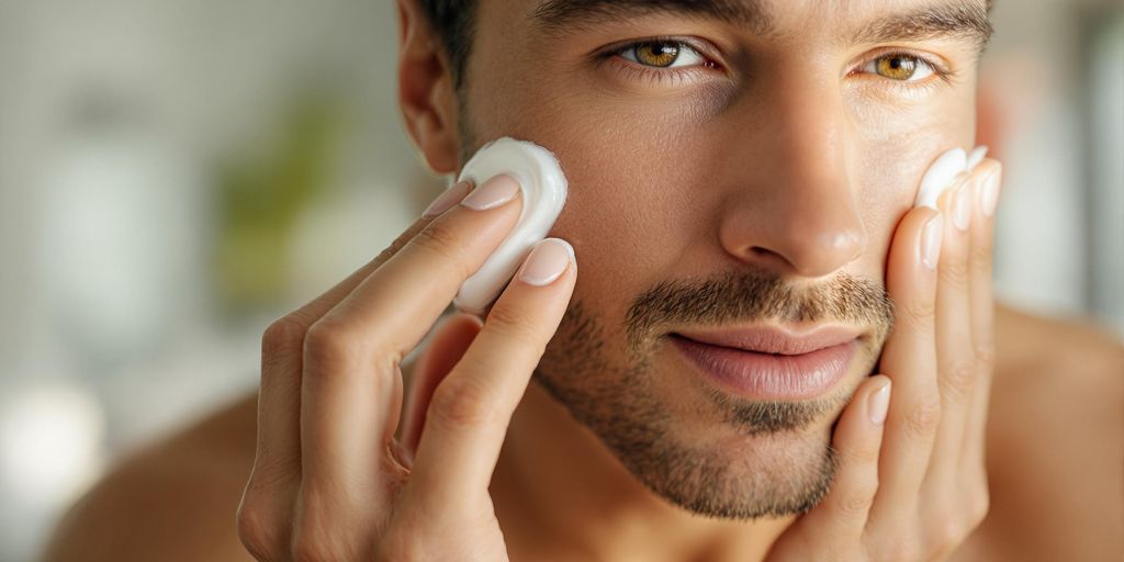 Man applying hydrating cream for youthful skin care.