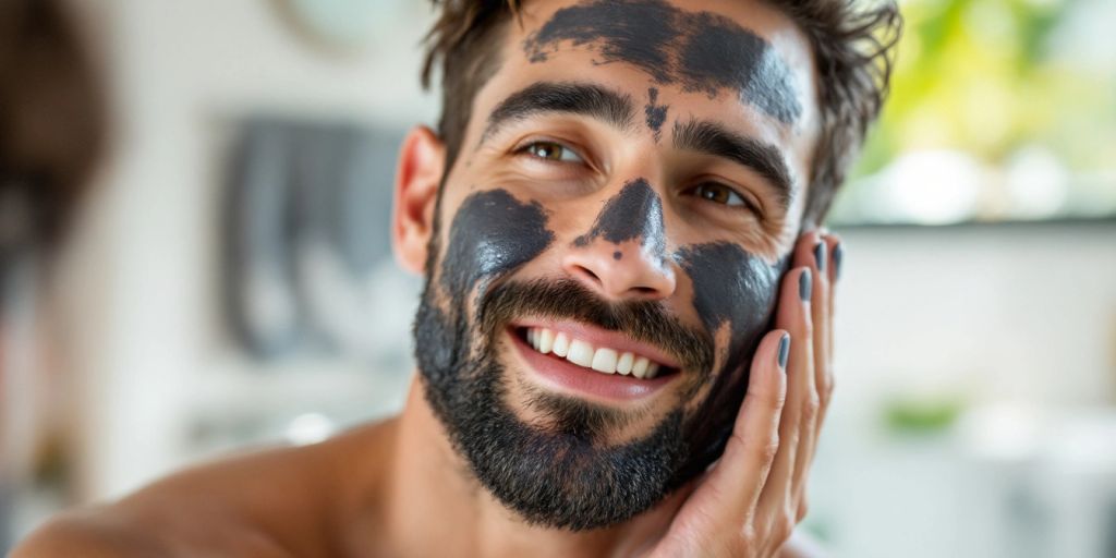 Man using activated charcoal face wash in bathroom.