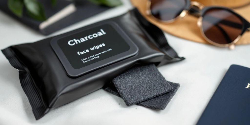 Charcoal face wipes with travel items on a clean surface.