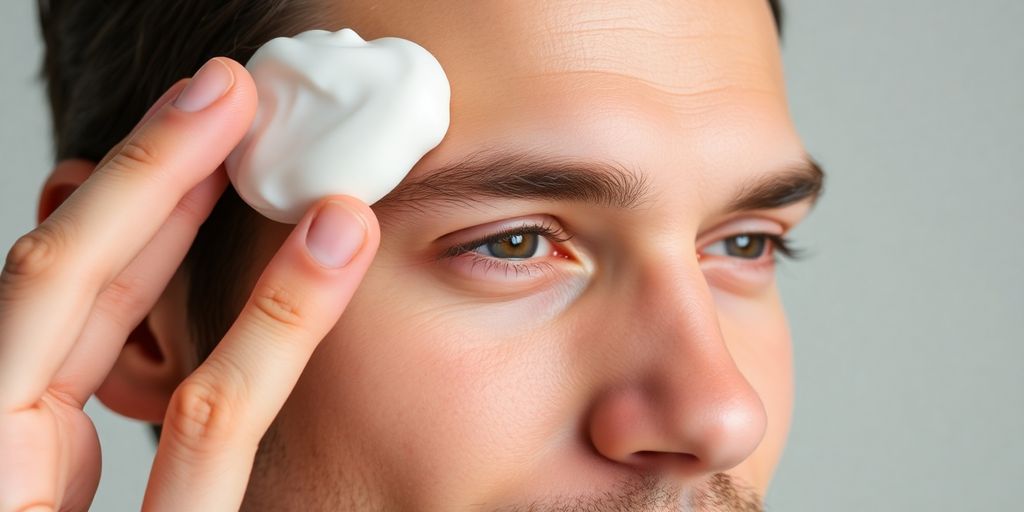 Man applying face cream on forehead for skincare.