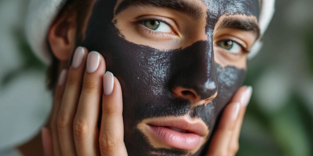 Man applying charcoal mask for blackhead removal.