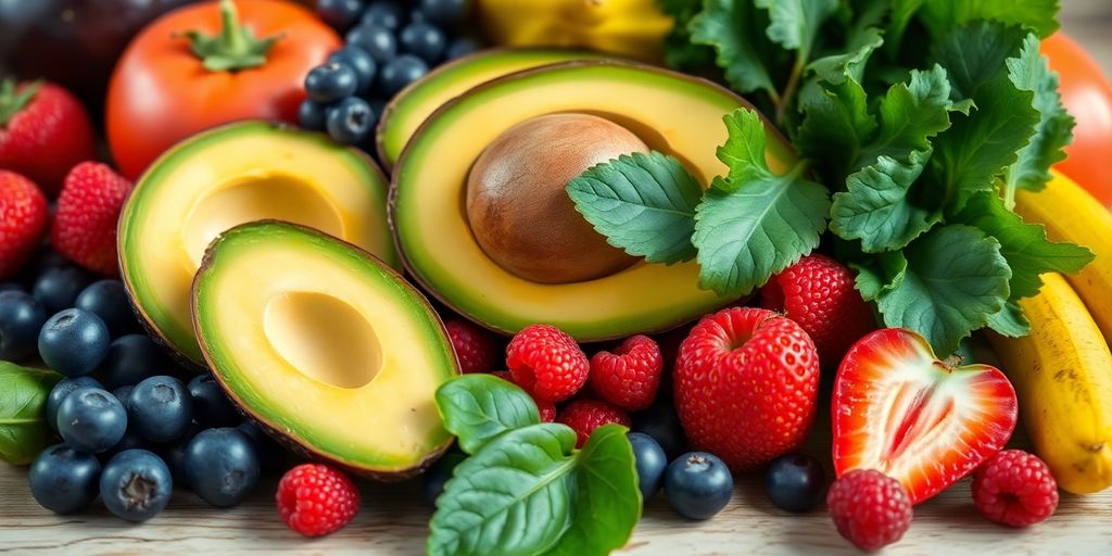 Colorful fruits and vegetables for healthy, youthful skin.