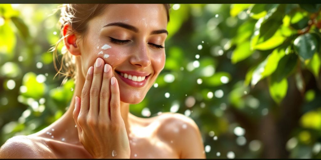 Person applying moisturizer in a natural outdoor setting.