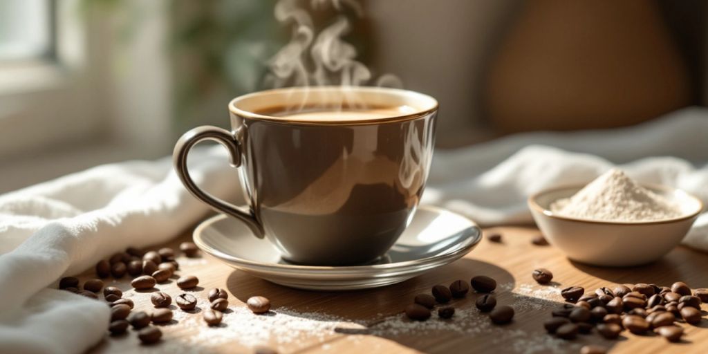 Collagen coffee cup with beans and powder on table.