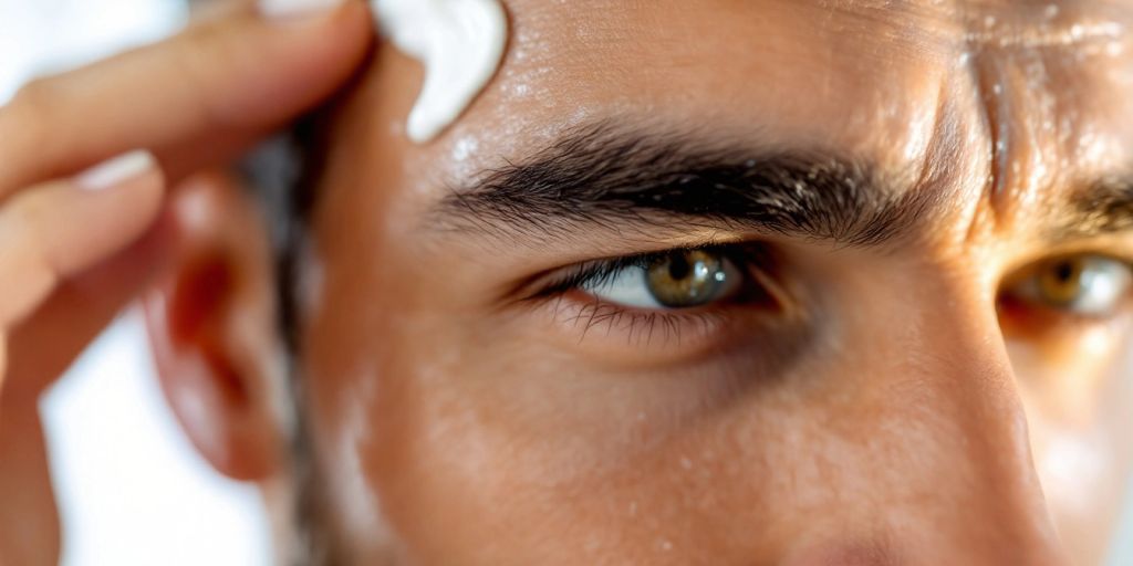 Man applying anti-wrinkle cream on forehead.